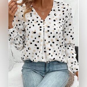 White Polka Dot Print Button Front Vneck Blouse